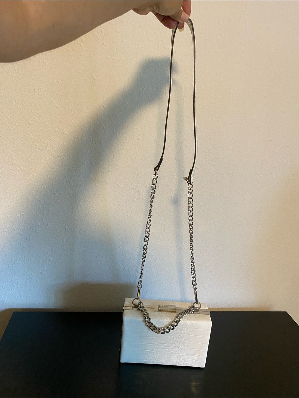 White Croc-Embossed Chain Box Clutch with Silver Hardware